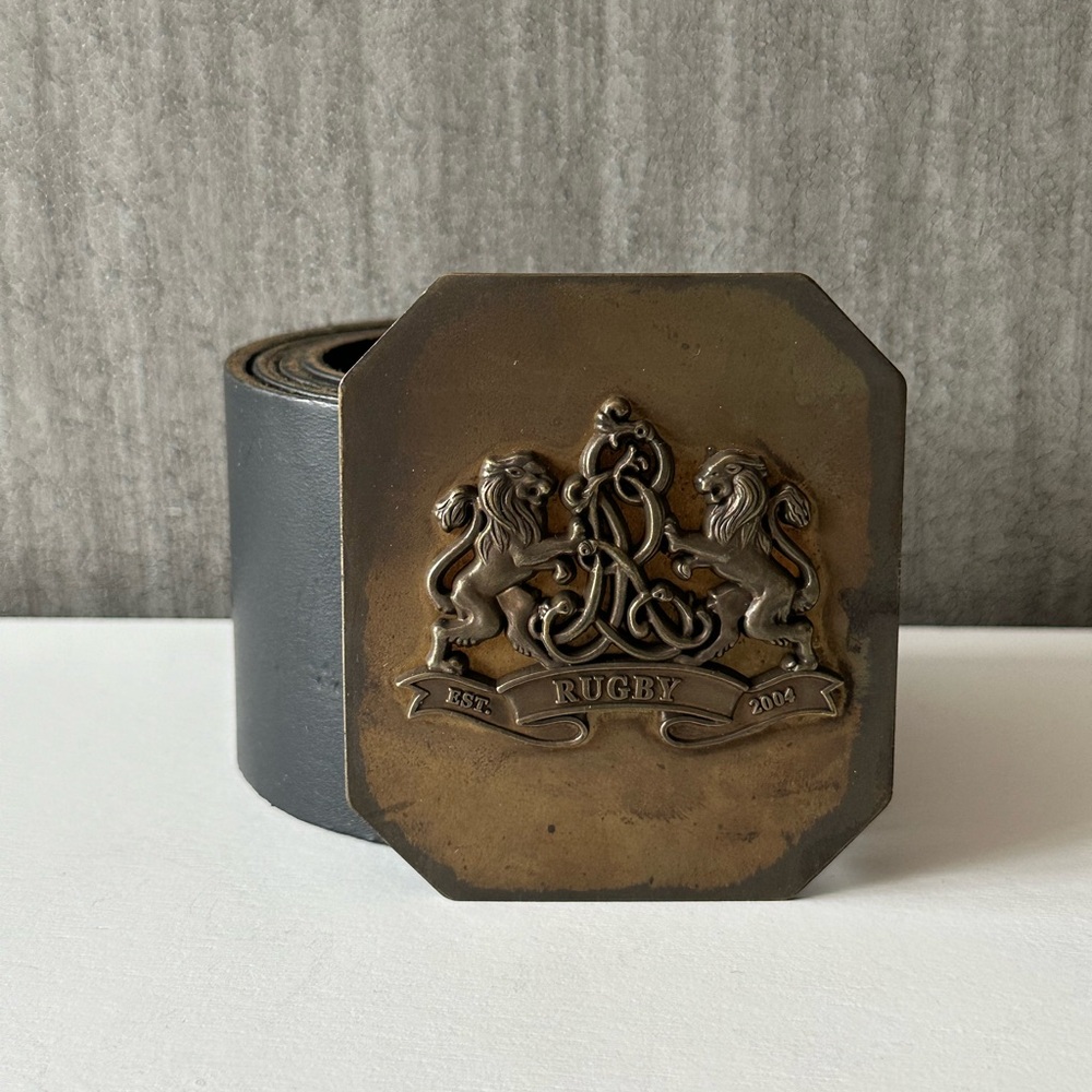 RUGBY Ralph Lauren Womens Wide Black Leather Belt Lion Crest Buckle Size Large